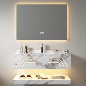 Mueble de <span class=keywords><strong>baño</strong></span> Mable con luz Led, armario de <span class=keywords><strong>baño</strong></span> de pizarra de roca de doble capa, moderno Hotel SIMU con espejo, precio barato, 80cm - Product Image 2