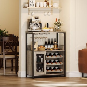 Rustic Freestanding Liquor Display Cabinet with LED Light Cup Holder Adjustable Wine Rack Mesh Door Home Coffee Bar <strong>Sideboard</strong> - Product Image 3