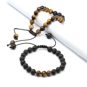 Pulsera de cuentas de la suerte para hombre, brazalete ajustable de 8mm, Ojo de Tigre, <span class=keywords><strong>Lava</strong></span>, piedra Rock, para aliviar la ansiedad, hecho a mano, 2 uds. - Product Image 3