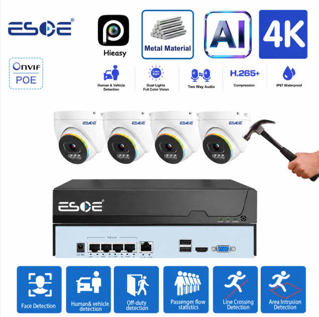 Exclusive New Model Hieasy IP67 Metal 4Channel 4K AI Face Recognition PoE NVR Kit CCTV Camera System 4K Network Video Recorder