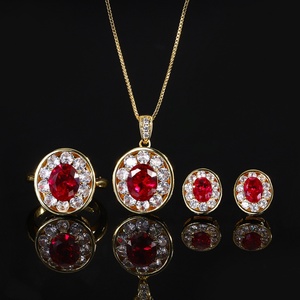 Wholesale Eco-friendly Oval Cut 8*10-5*7mm Red Cubic Zirconia Retro Gold Plated Copper <b>Earings</b> and Rings <b>Set</b> for Women - Product Image 3