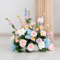 Set Bunga Pilar Artifisial Biru Pastel Pink, Campuran Mawar Delphinium Hydrangea untuk Dekorasi Pernikahan, Lorong, dan Pesta
