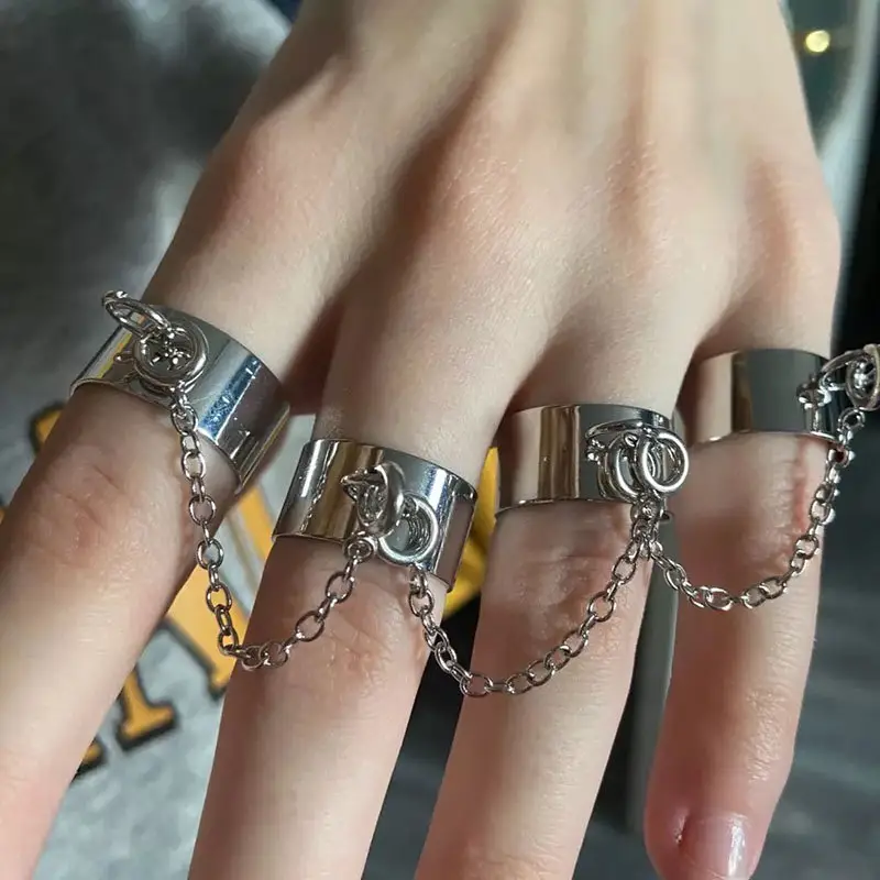 Anillos Pop Punk para mujer, con cadena ajustable multicapa, cuatro dedos abiertos, de aleación, giratorios, para regalo de fiesta