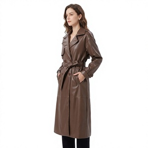 Brown PU Leather Trench <b>Coat</b> <b>Women</b> Long Sleeve <b>Double</b> <b>Breasted</b> Belted Elegant Autumn Outerwear Solid Color Full Length - Product Image 2