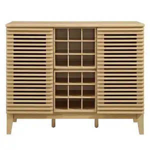 Mid-Century Render Bar Gabinete moderno de madera para vino con puertas de rejilla y estantes ajustables