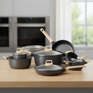 Juego de ollas y sartenes antiadherentes de granito para inducción, 19 piezas, color negro, con tapas de vidrio, mangos de madera, diseño moderno - Product Image 2