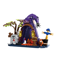 Ensemble de construction de maison chapeau de sorcière d'Halloween, scène effrayante avec arbre, pierre tombale, épouvantail, citrouille, briques, décoration DIY, cadeau2