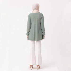 Blusa musulmana plissettata donna Malaysia tacchino elegante manica lunga girocollo tunica top camicetta - Product Image 6