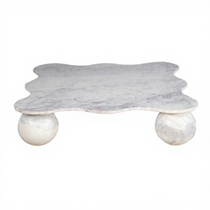 Table basse moderne en marbre avec plateau incurvé unique et pieds en forme de boule, meubles de luxe en pierre naturelle pour la maison - Product Image 1