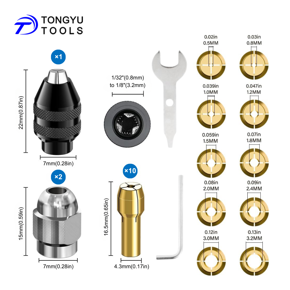 Jeu de 15 pinces de serrage pour mandrin de perçage 0,5-3,2 mm (0,02"-0,13")