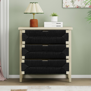 Luxury Solid Wood 3-Drawer Buffet <b>Sideboard</b> Adjustable Shelves Hand-Woven Rope Drawers <b>Storage</b> Cabinet for Living Room Kitchen - Product Image 3