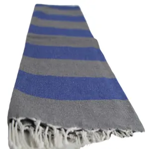 Grey and Royal Blue Cotton Fouta Pestemal Towel with White Tassels Indigo Towel Direct From Towel Manufacturer
