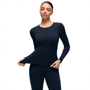 2 Piece Yoga Set High Waist Leggings Crew Neck <b>Long</b> <b>Sleeve</b> <b>Top</b> Seamless Solid Black Full Length <b>Workout</b> Wear - Product Image 2