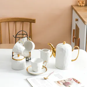 Custom logo royal matte glaze porcelain coffee and tea set cup coffee tea set with iron rack