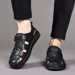 Men's Solid Genuine Leather <b>Flat</b> <b>Sandals</b> Open Toe Buckle Strap Summer Casual Anti Slip Rubber Outsole - Product Image 4