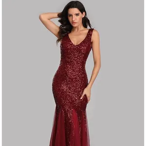 Buổi tối ăn mặc Màu Đỏ 2024 mới không tay sexy đuôi cá Slim-fit tiệc Sequin bên váy tự nhiên dệt bóng áo choàng Organza đơn giản