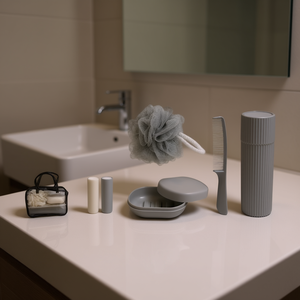 Set de Artículos de Aseo de 4 Piezas, Kit de Viaje con Jabonera, Peine, Esponja y Portacepillos de Dientes, Gris - Product Image 2