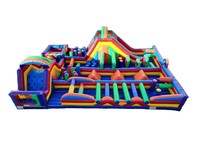 Parcours d'obstacles gonflable commercial de grande taille sur le thème de la jungle, en PVC multicolore, jeu de défi pour enfants, idéal pour événements extérieurs et location en parc.