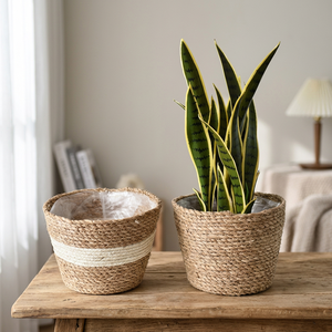 Panier de rangement en jonc de mer naturel tressé avec rayures blanches, écologique, pour plantes d'intérieur et d'extérieur - Product Image 4
