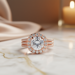 Anello di Fidanzamento Placcato in Oro Rosa con Diamante per Donne, Taglio Brillante, Diamante Naturale Centrale con Pietre Laterali a Halo, Colore Bianco D Certificato - Product Image 2