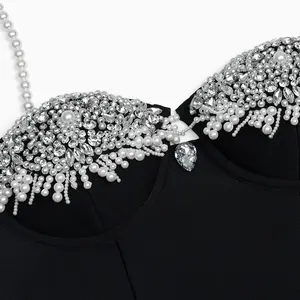 BEISHI High Quality Women Pearl Strap Diamonds Sexy Black Elegant Cocktail Party Club Wear Women Rhinestone Midi Bandage Dresses