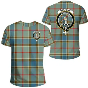 In logo BALFOUR màu xanh clan tartan Crest đồ họa t Áo sơ mi thời trang xu hướng t Áo sơ mi in ấn máy mềm polyester t Áo sơ mi OEM