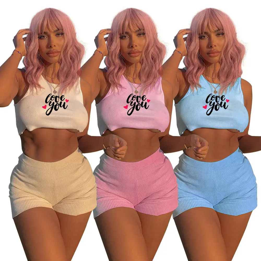 2023 Verão Venda Quente Casual Duas Peças Set para Mulheres Combinando Conjuntos 2 Peça Ribbed Ladies Top Colheita Sexy Short Set