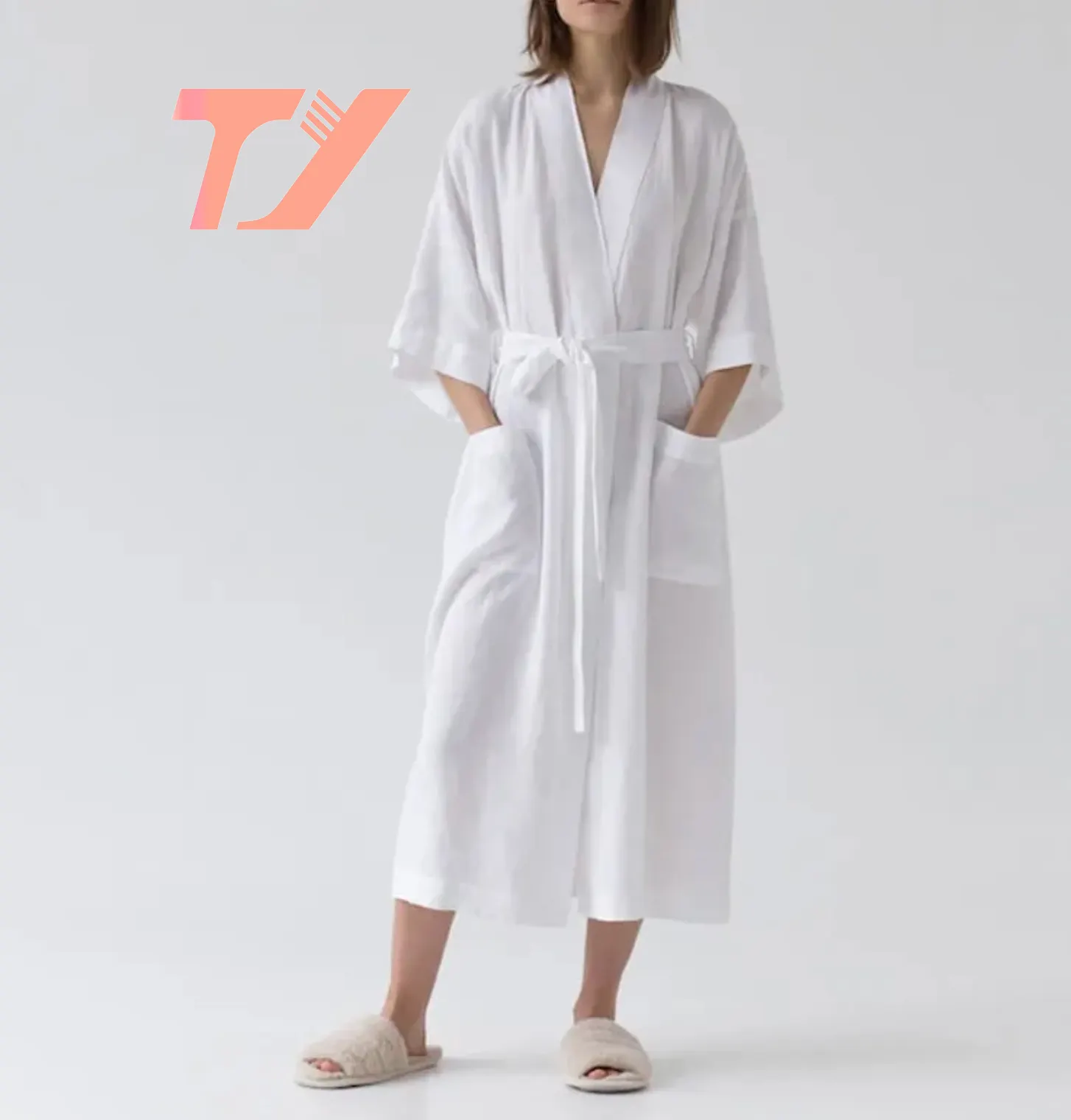 Peignoir en coton à manches longues pour femmes, vente en gros, de luxe, pantalon Long, personnalisé, SPA, chemise de nuit en lin, ceinturé, Kimono, Robe de chambre