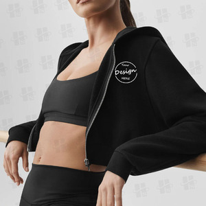 Custom Baggy Ladies French Terry Cropped Zipper <strong>Hoodie</strong> Puff Print Plain <strong>White</strong> Drawstring <strong>Womens</strong> Crop Zip Up Hoodies for <strong>Women</strong> - Product Image 2