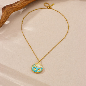 Cartoon Gradient <b>Seashell</b> Pendant Stainless Steel <b>Necklace</b> With Pearl Inlay For Gift - Product Image 2