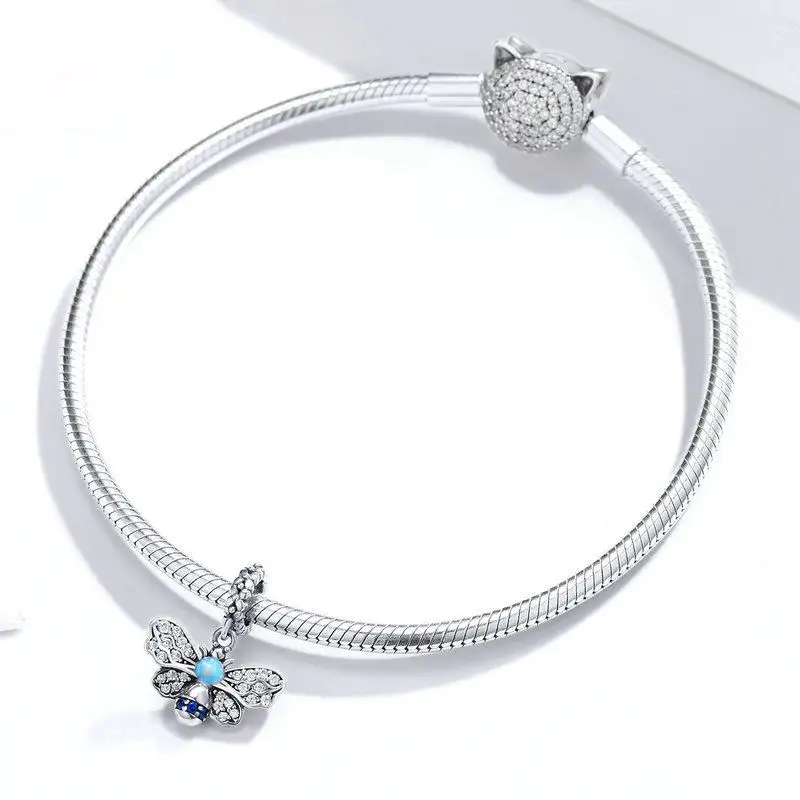 Wholesale DIY Bracelet 925 Sterling Silver Shiny Zircon Blue Bee Charm Animal Pendant
