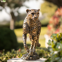 Escultura de Guepardo en Movimiento Pintada a Mano, Tamaño Real, Estatua de Cobre Fundido en Bronce con Detalles de Manchas Negras y Rayas de Lágrima para Jardín o Villa