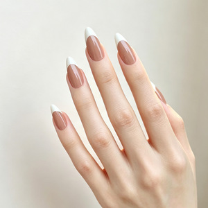 Capsules d'ongles amandes moyennes pré-dessinées à motif lignes, style French, prêtes à poser et amovibles - Product Image 1