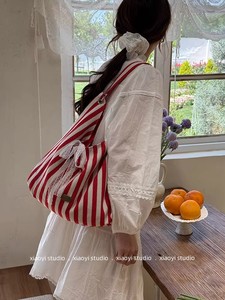 New Arrival Large-Capacity Double-sided Striped Canvas Shoulder <b>Bag</b> Stylish Womens Polyester Lining Cross-Border Trend Tote - Product Image 6
