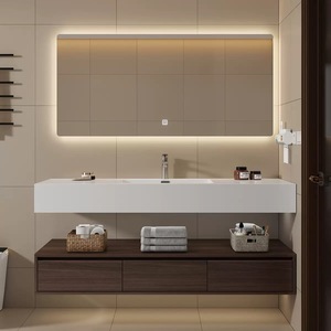 Mueble de baño minimalista de tamaño pequeño con lavabo individual, tablero de roca de doble capa, espejo inteligente con almacenamiento. - Product Image 3