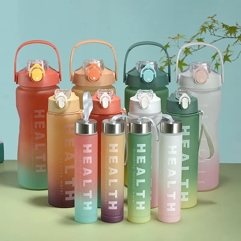Peiway Botella De Agua Kuerfit plastik, Set botol air perjalanan senam ramah lingkungan motivasi untuk hadiah