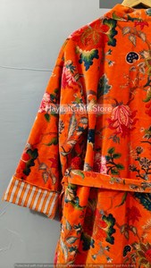 Orange Floral Printed Velvet Kimono Robe Women's Long Sleeve Wrap Bathrobe Autumn Winter Dressing Gown - Product Image 6