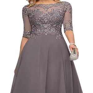 Abiti da <span class=keywords><strong>Madre</strong></span> della Sposa con Applicazioni in Pizzo per Matrimonio Maniche a 3/4 Lunghezza al Ginocchio in Chiffon Abiti da <span class=keywords><strong>Sera</strong></span> Formali per Feste - Product Image 1