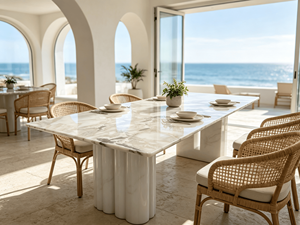 Table à manger de luxe en quartzite blanc Fendi naturel, table à manger rectangulaire moderne en marbre bleu sodalite pour villa, maison, hôtel - Product Image 5