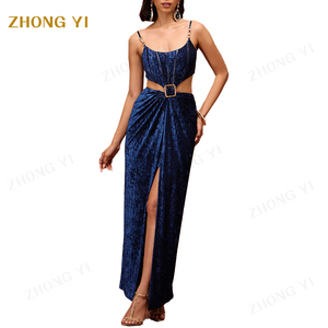 ผู้หญิงแฟชั่นหรูหราสีฟ้าเข้มพื้นผิวS Trappyกํามะหยี่ผู้หญิงชุดตัดเอวสูงSlitเซ็กซี่คลับMaxi <span class=keywords><strong>Dress</strong></span> - Product Image 2