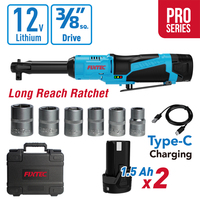 Clé à cliquet sans fil FIXTEC 12V, kit 3/8 po, 45 N.m, 0-380 tr/min, charge Type-C, 2x1500 mAh, 6 douilles longues portées
