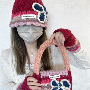 Lovefiercecat Knitted <b>Hat</b> Gloves <b>Bag</b> Set 3 Piece Winter Warmth Adult Acrylic Fiber 54-56cm Fresh Sweet Style - Product Image 3