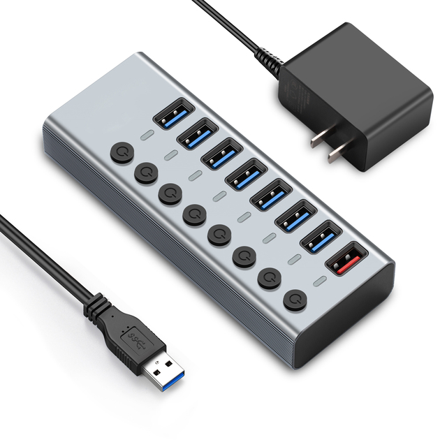 RTS5411 7 Port 12v 3A 36W DC Usb 3.0 Data Charging Powered Hub Splitter with Power Switches