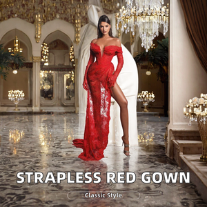 Robe de mariée sirène élégante Sharon Said SF257 rouge Dubaï, sans bretelles, en dentelle, longueur ras du sol, avec gants pour femme - Product Image 2