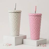 Bouteille d'eau de luxe en gros, faite à la main, avec perles et strass scintillants, gobelet de voyage réutilisable pour café et thé