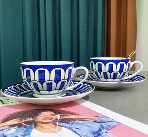 Klein High Beauty Eco-Friendly 200ml Modern Ceramic Blue Mark Coffee <b>Cup</b> with <b>Saucer</b> for Couple Afternoon <b>Tea</b> - Product Image 2