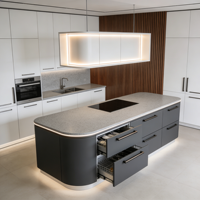 Meubles de cuisine blancs minimalistes de luxe avec îlot incurvé et vitrine rétroéclairée