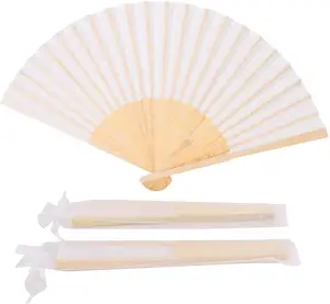 GlobalShunli Custom Silk Fabric Bamboo Folded Hand Fan Bridal Dancing Props Church Wedding Gift Party Favors with Gift bags
