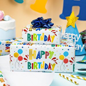 Happy Birthday Wrapping Paper Roll 46.5 Sq Ft Colorful Gold Foil Balloon Stars Gift <b>Wrap</b> for Kids Adults Birthday Party - Product Image 3