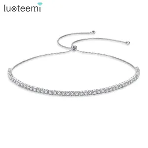 LUOTEEMI Silver Tone Bridal Wedding Prom Bridesmaid Jewelry 5mm Round Cubic Zirconia Tennis Collar Choker Necklace For Women